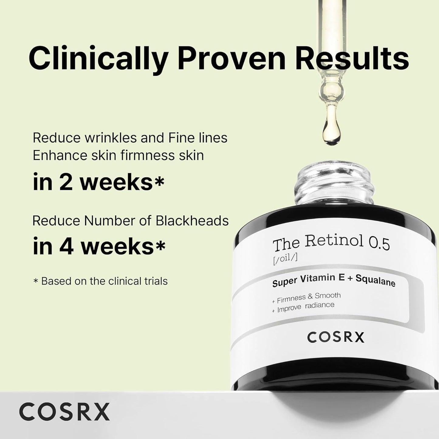 20ml bottle of Cosrx The Retinol 0.5 Oil, a skincare product with retinol to reduce wrinkles and fine lines