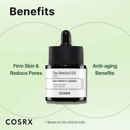 20ml bottle of Cosrx The Retinol 0.5 Oil, a skincare product with retinol to reduce wrinkles and fine lines