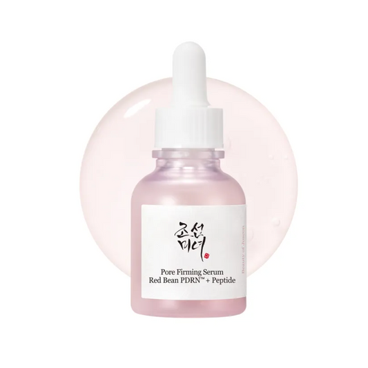 A dropper bottle of Pore Firming Serum with a white cap and a white label featuring black and red text, set against a pale pink translucent gel circle on a white background.