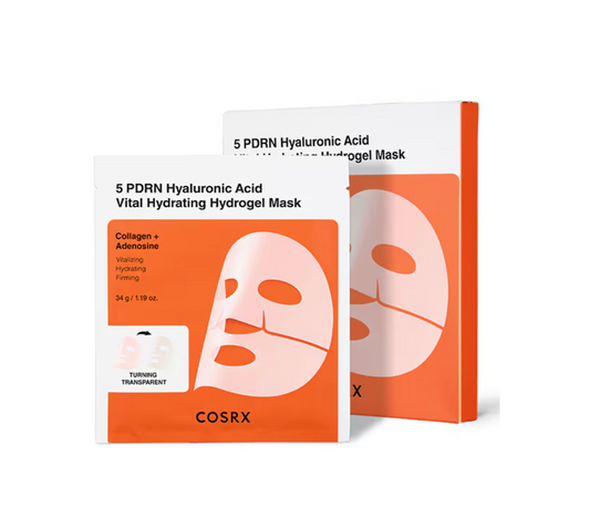 COSRX 5 PDRN Hyaluronic Acid Vital Hydrating Hydrogel Mask in front of the box that it comes in on a clean white background.