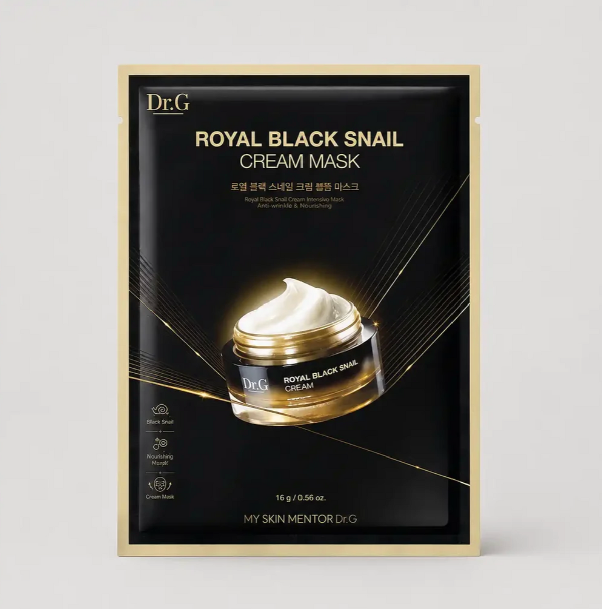 Dr.G Royal Black Snail Cream Mask in a black and gold single-use pouch, featuring an illustration of an open jar with white cream on a light gray background.
