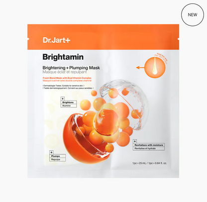 Dr.Jart+ Brightamin Brightening + Plumping Mask in a white and orange resealable pouch with a graphic of an orange citrus peel and liquid droplets, shown on a white background with a small 'NEW' badge in the top right.