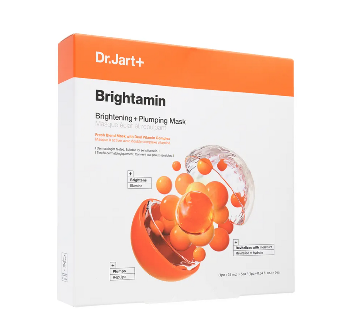 Dr.Jart+ Brightamin Brightening + Plumping Mask packaging box, featuring a white and orange design with a graphic of glowing orange cells.