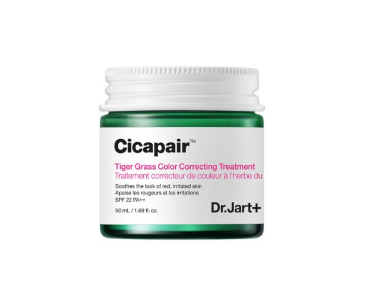Dr. Jart+ Cicapair Tiger Grass Color Correcting Treatment in a 50 mL dark green jar with a white screw cap and white label.