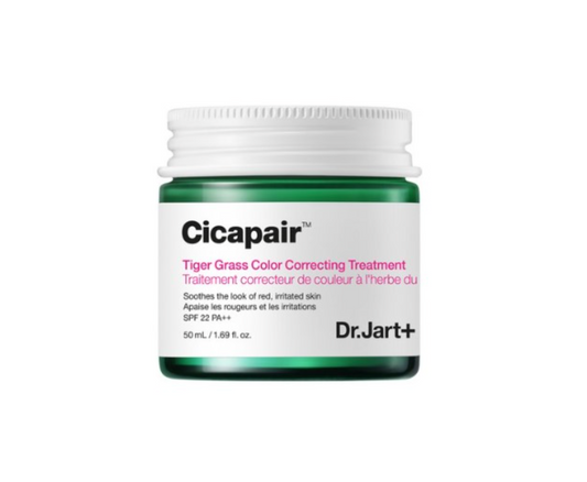 Dr. Jart+ Cicapair Tiger Grass Color Correcting Treatment in a 50 mL dark green jar with a white screw cap and white label.