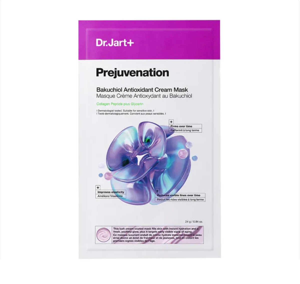 Dr.Jart+ Prejuvenation Bakuchiol Cream Mask sachet, featuring a white and purple packaging design with an illustration of a blue-purple molecule.