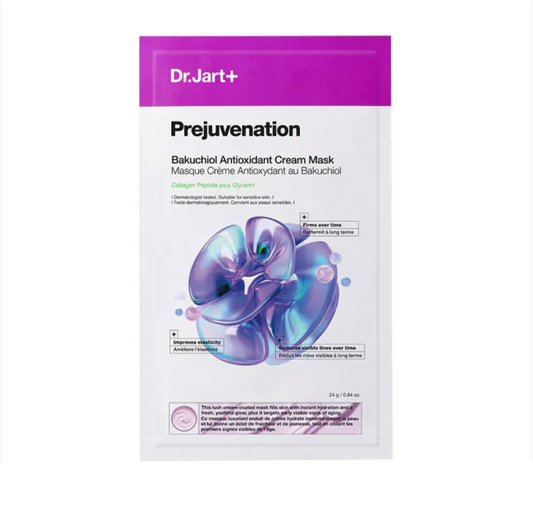 Dr.Jart+ Prejuvenation Bakuchiol Cream Mask sachet, featuring a white and purple packaging design with an illustration of a blue-purple molecule.