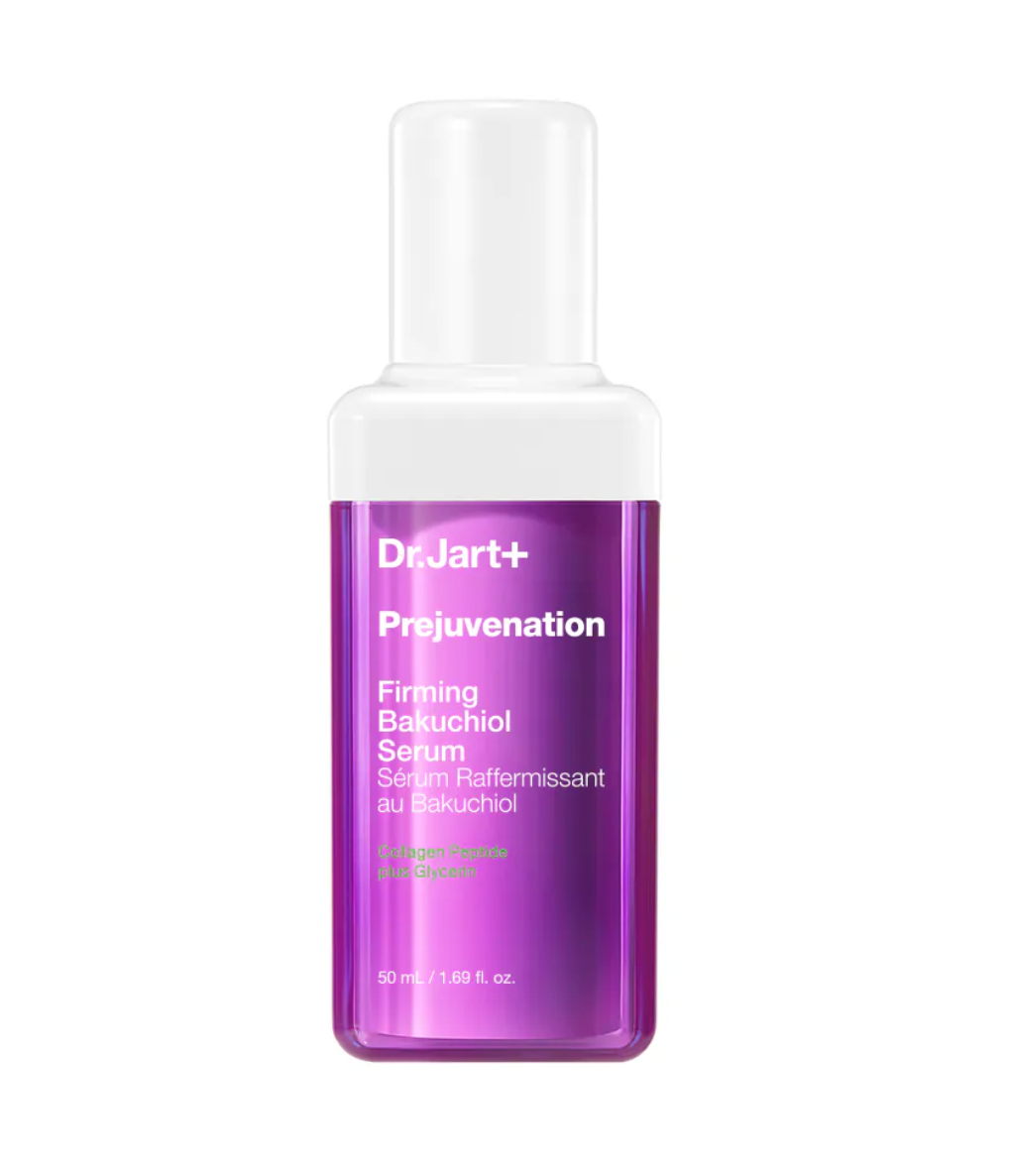 Dr.Jart+ Prejuvension Firming Bakuchiol Serum in a 50ml bottle with a white cap and a purple gradient label, shown on a plain white background.