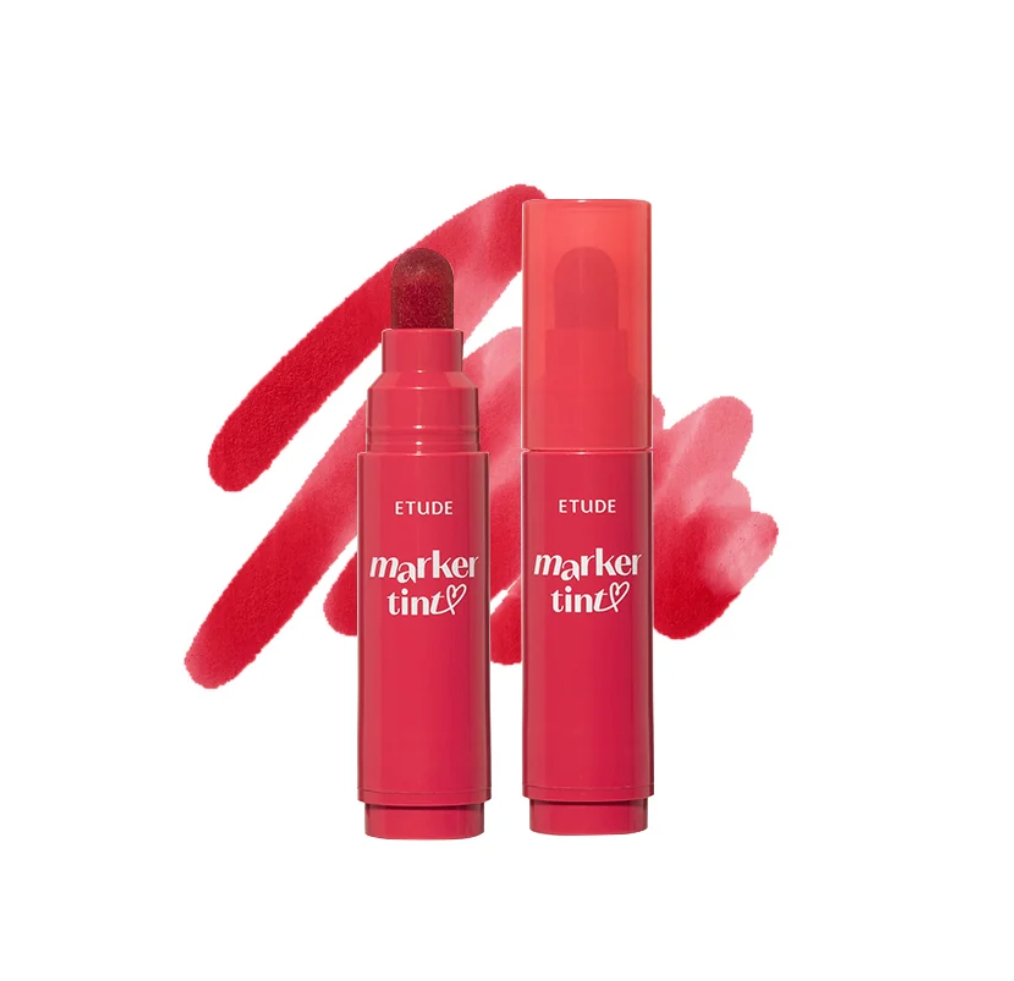 ETUDE Marker Tint lip color stick shown open and closed, with a red-pink cosmetic swatch behind it on a white background.