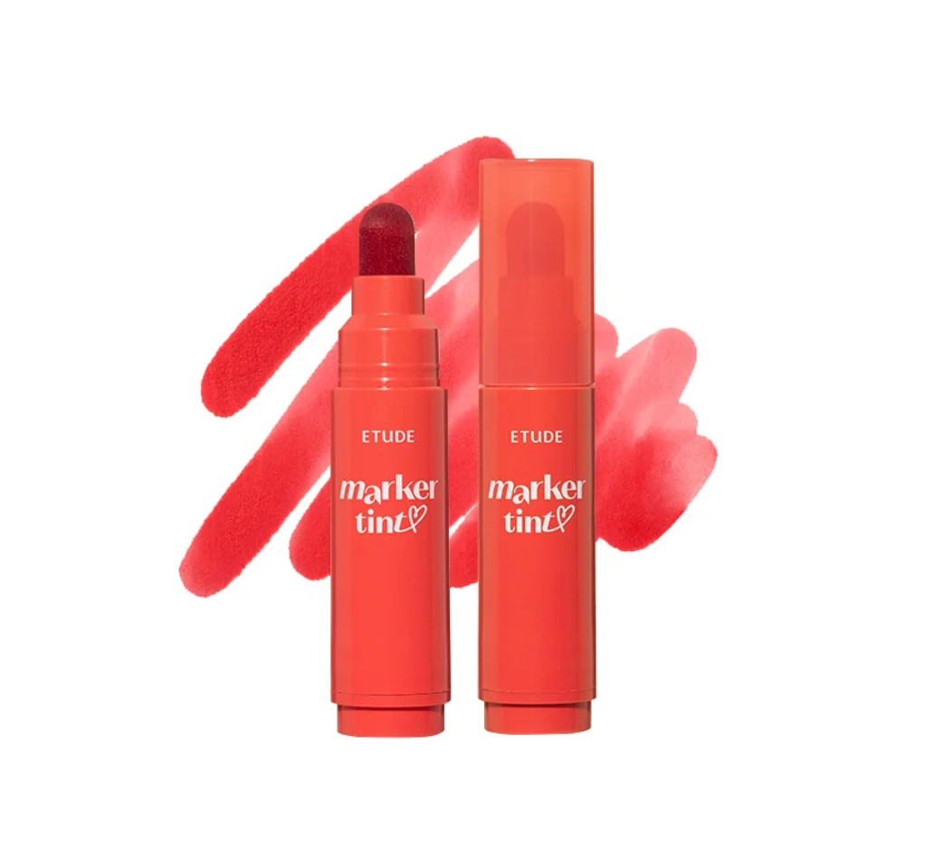 Two ETUDE Marker Tint lip color tubes in a bright coral-red shade, shown with one open to reveal the dark red bullet and one closed in its cap, set against a white background with red makeup swatches behind them.