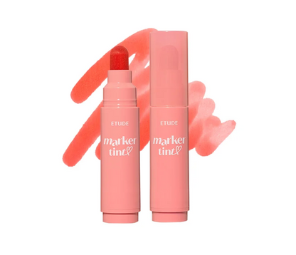 ETUDE Marker Tint lip color stick in a coral pink shade, shown with its cap off next to the cap on, featuring a matching coral pink product swatch behind it on a white background.