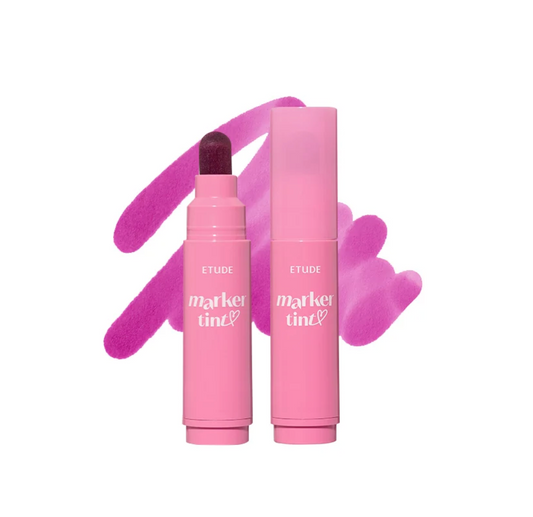ETUDE Marker Tint lip color stick shown open next to its cap, with pink and magenta color swatches behind it on a white background.