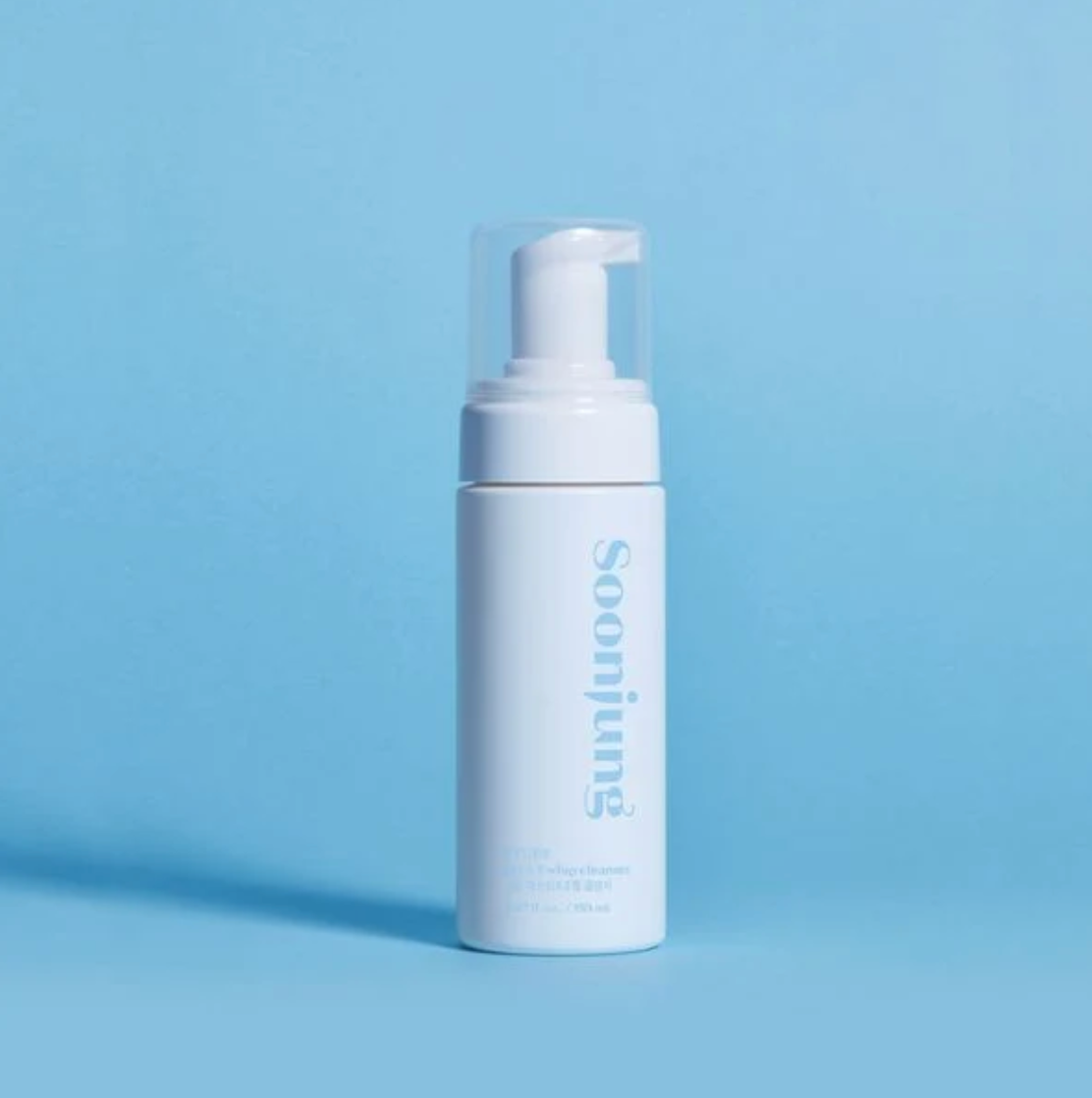 Skincare bottle labeled 'Soonjung' on a light blue background
