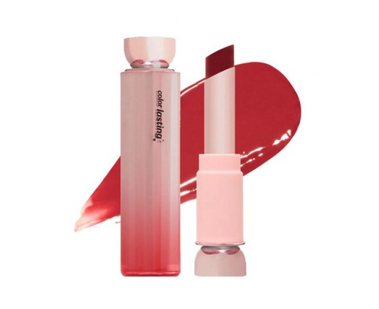 Color Lifting lip product shown with a translucent rectangular bottle, an open cap, and a glossy red swipe on a white background.