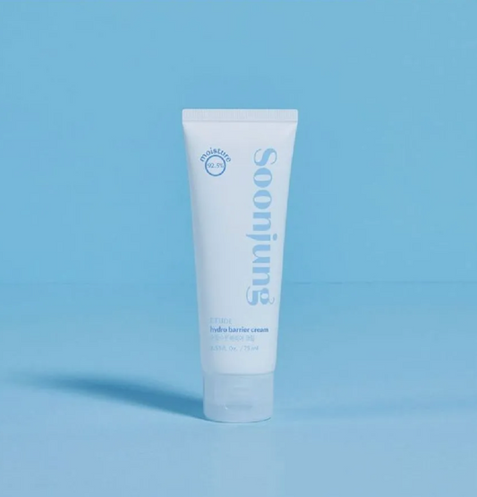 A white squeeze tube of Soonjung Hydro Barrier Cream standing upright on a light blue background.