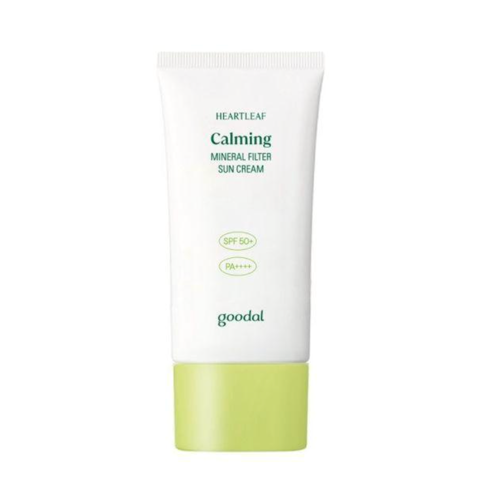 A white squeeze tube of Heartleaf Calming Mineral Filter Sun Cream by goodal, featuring a light green cap and green text on a white background.
