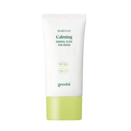 A white squeeze tube of Heartleaf Calming Mineral Filter Sun Cream by goodal, featuring a light green cap and green text on a white background.