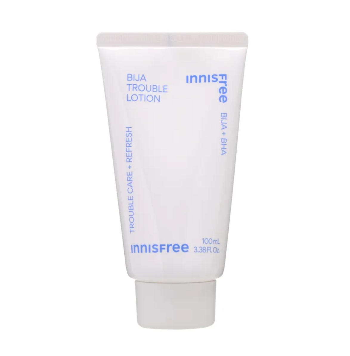 A white tube of Innisfree Bija Trouble Lotion with blue text, shown on a clean white background.