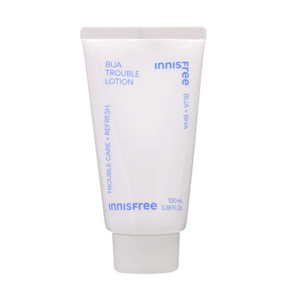 A white tube of Innisfree Bija Trouble Lotion with blue text, shown on a clean white background.