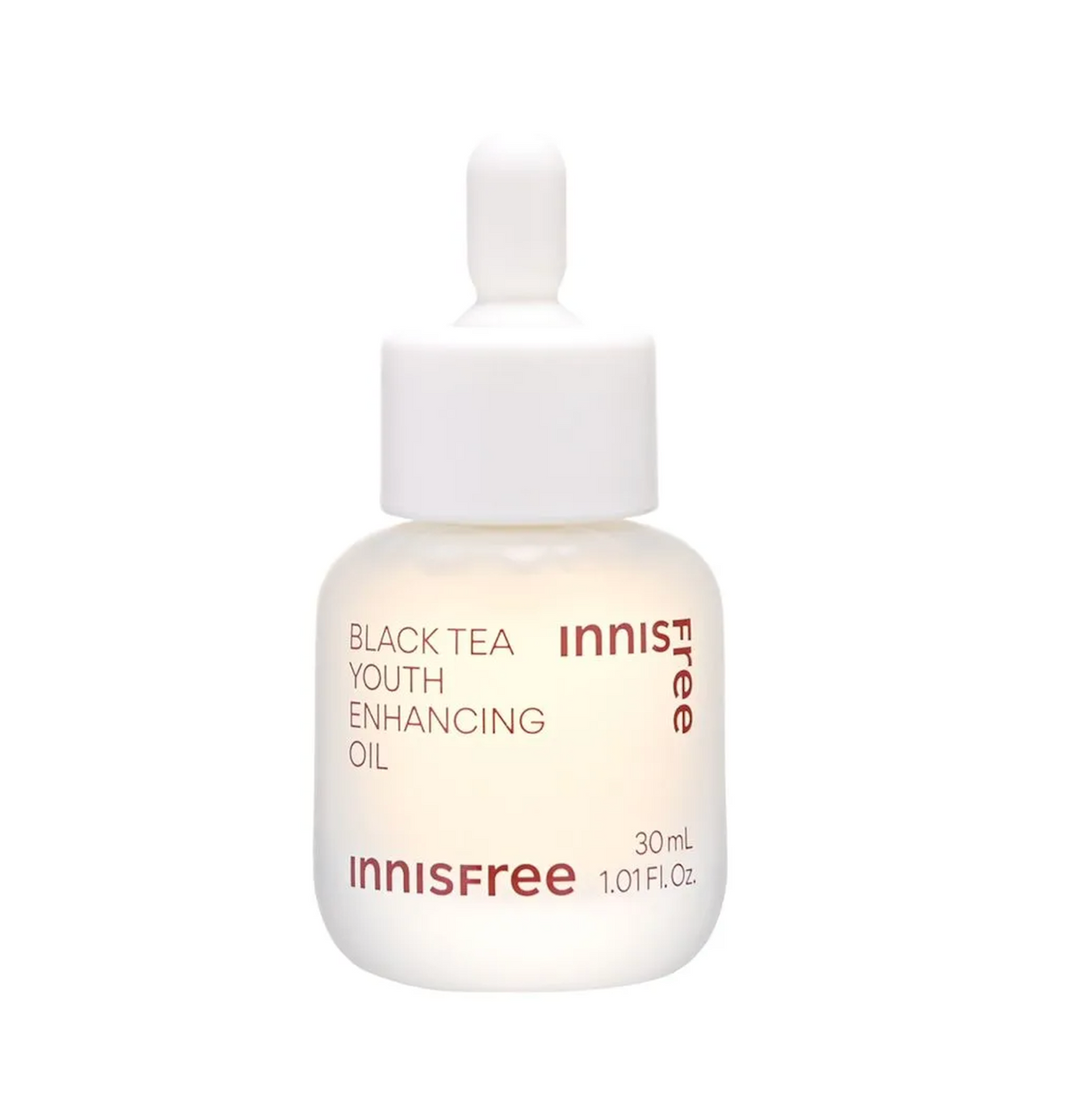 Innisfree Black Tea Youth Enhancing Oil in a 30 mL white dropper bottle with a white cap, on a solid white background.