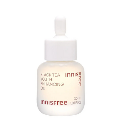 Innisfree Black Tea Youth Enhancing Oil in a 30 mL white dropper bottle with a white cap, on a solid white background.