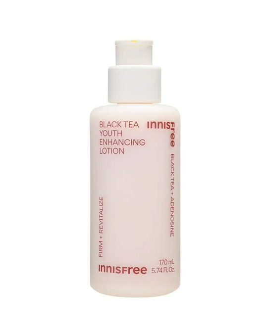 An Innisfree Black Tea Youth Enhancing Lotion bottle, 170 mL, featuring a pale pink frosted body and a white pump dispenser, set against a plain white background.
