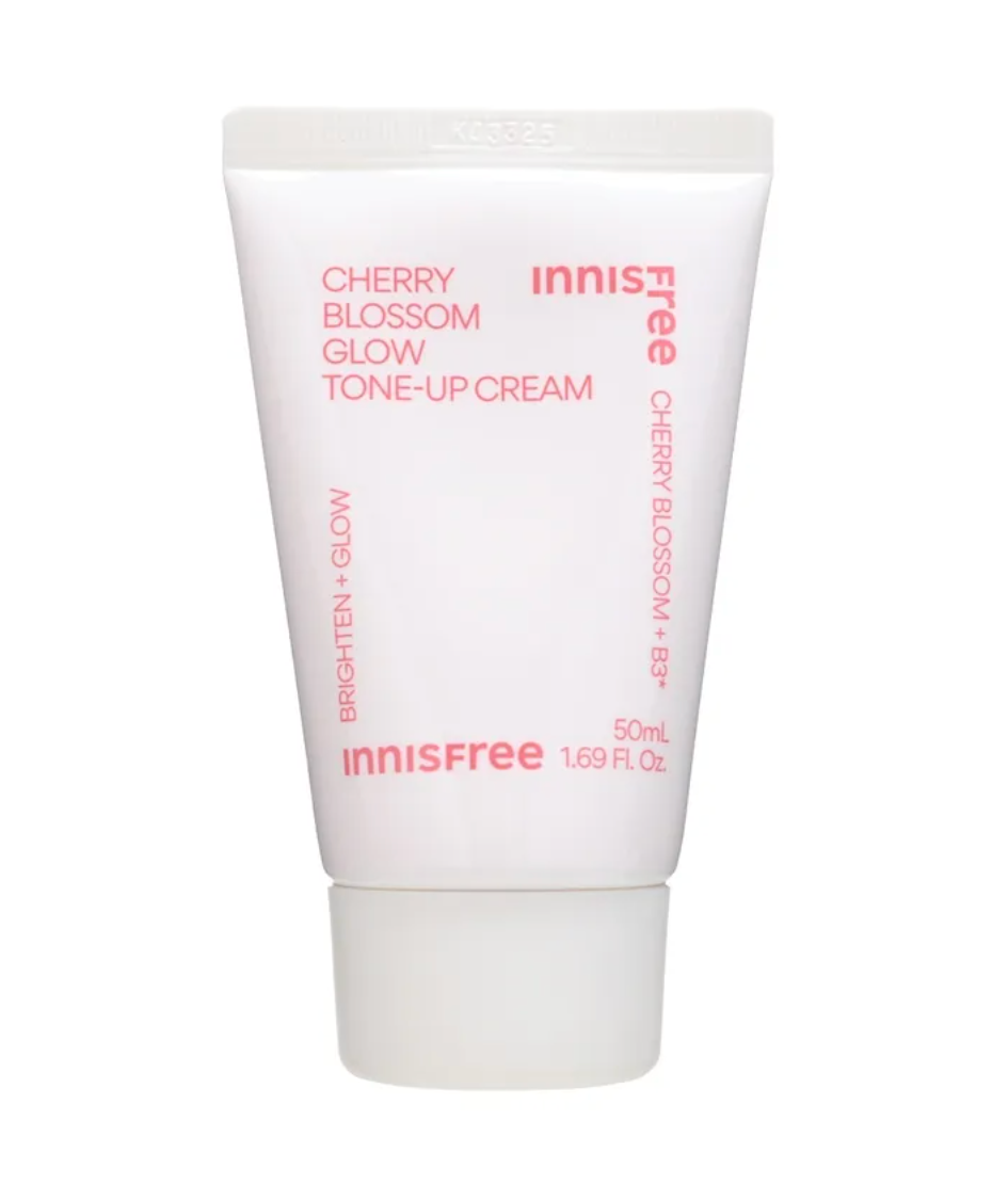 A 50mL white tube of Innisfree Cherry Blossom Glow Tone-Up Cream with pink text, shown against a plain white background.