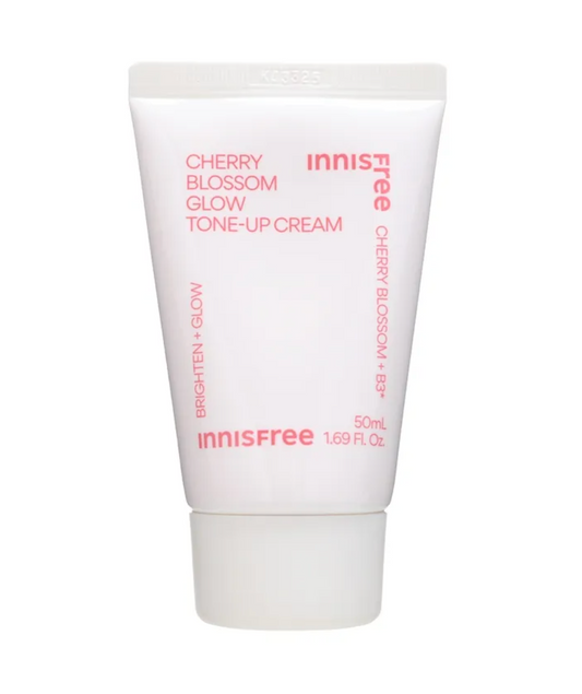A 50mL white tube of Innisfree Cherry Blossom Glow Tone-Up Cream with pink text, shown against a plain white background.