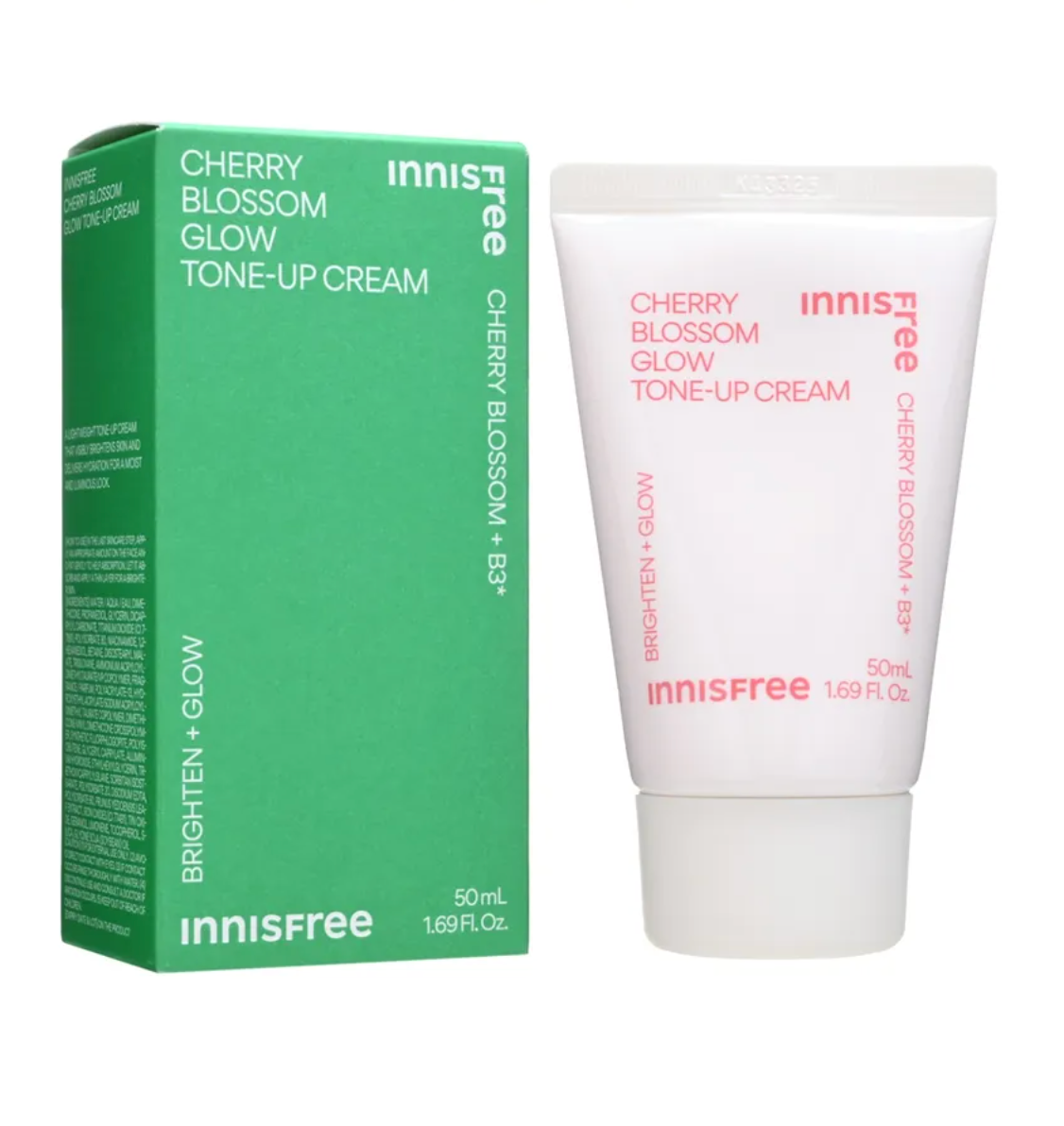 Innisfree Cherry Blossom Glow Tone-Up Cream shown with its green outer box and the white squeeze tube of the cream on a plain white background.