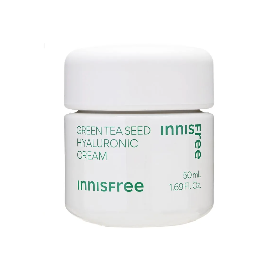 Innisfree Green Tea Seed Hyaluronic Cream in a white jar with green text, shown on a solid white background.