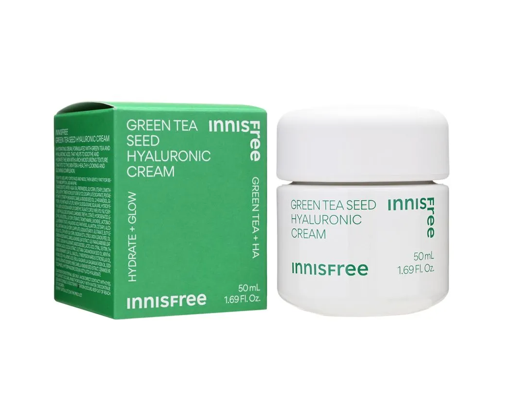 Innisfree Green Tea Seed Hyaluronic Cream shown with its green and white product box and a white jar on a clean white background.