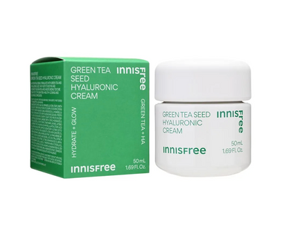 Innisfree Green Tea Seed Hyaluronic Cream shown with its green and white product box and a white jar on a clean white background.