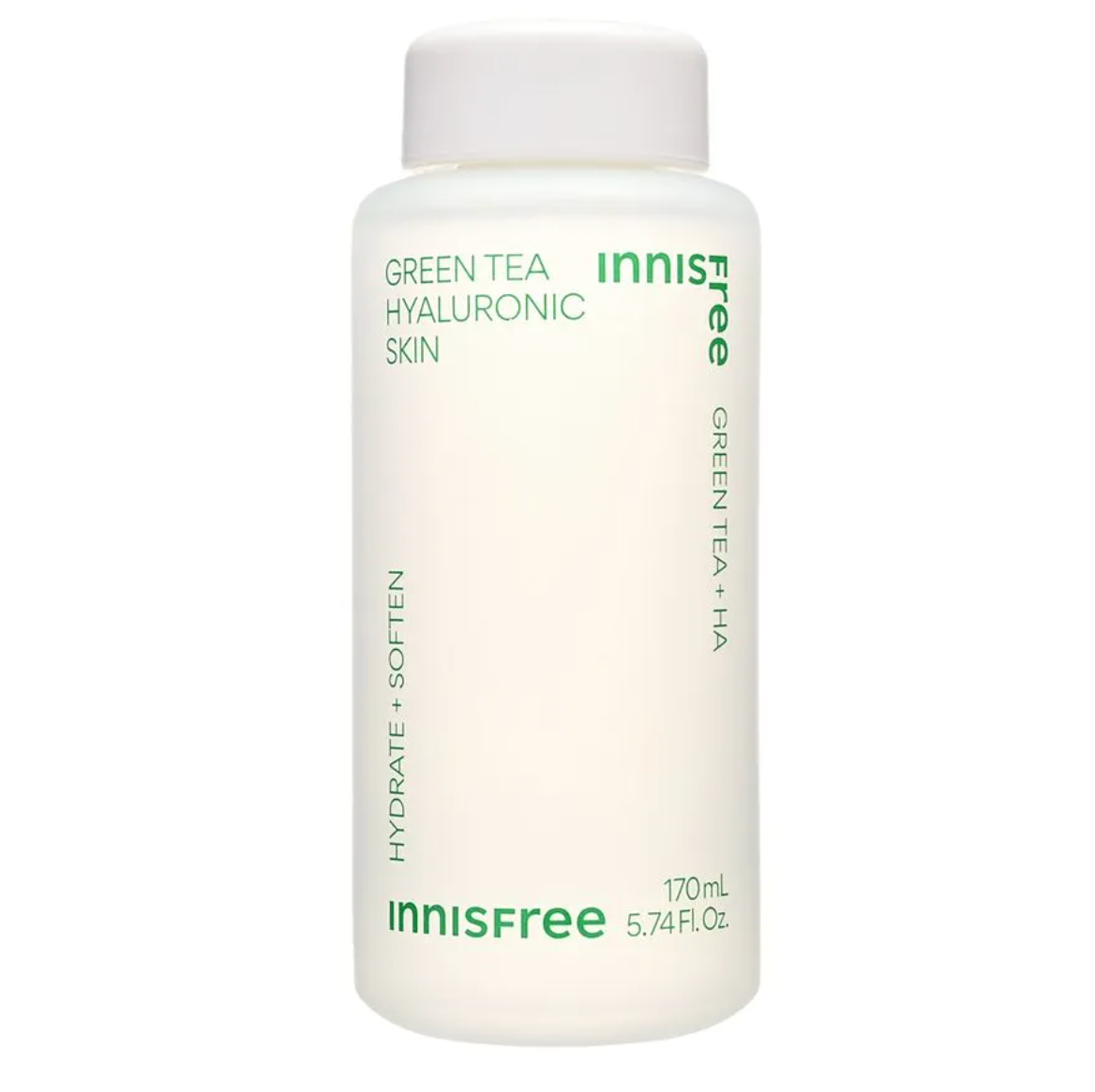 An Innisfree skincare bottle of Green Tea Hyaluronic Skin serum, featuring a white cylindrical container with a white cap and green text, set against a plain white background.