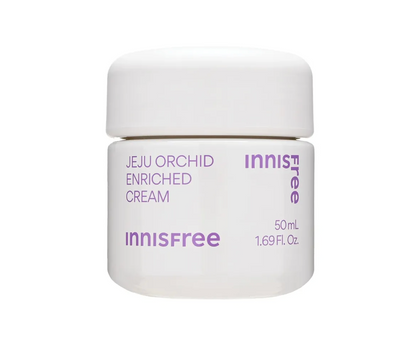 A white jar of Innisfree Jeju Orchid Enriched Cream with purple text, shown on a clean white background.
