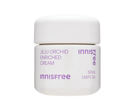 A white jar of Innisfree Jeju Orchid Enriched Cream with purple text, shown on a clean white background.