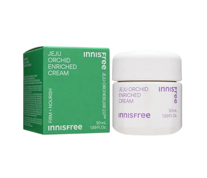Innisfree Jeju Orchid Enriched Cream 50ml jar next to its green and white packaging box, shown on a clean white background.