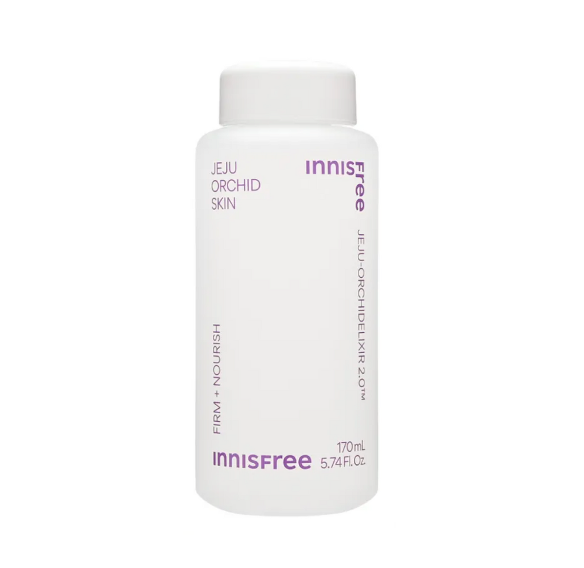 A white plastic bottle of Innisfree Jeju Orchid Skin serum with purple text, shown against a plain white background.
