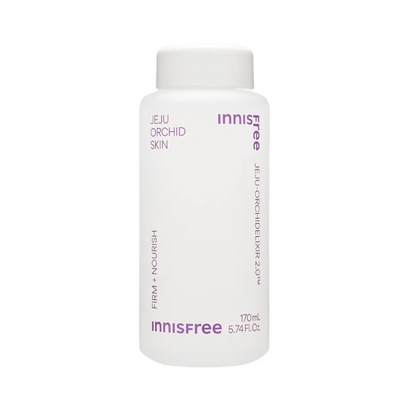 A white plastic bottle of Innisfree Jeju Orchid Skin serum with purple text, shown against a plain white background.