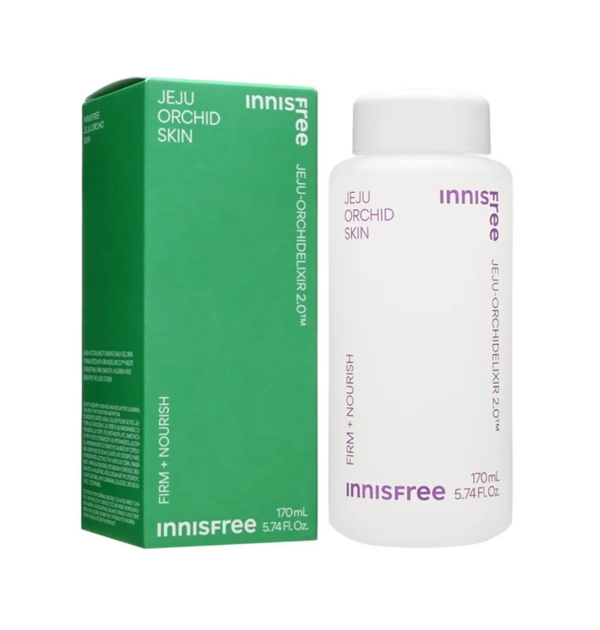 Innisfree Jeju Orchid Skin Firm + nourish 170mL bottle next to its green packaging box on a white background.