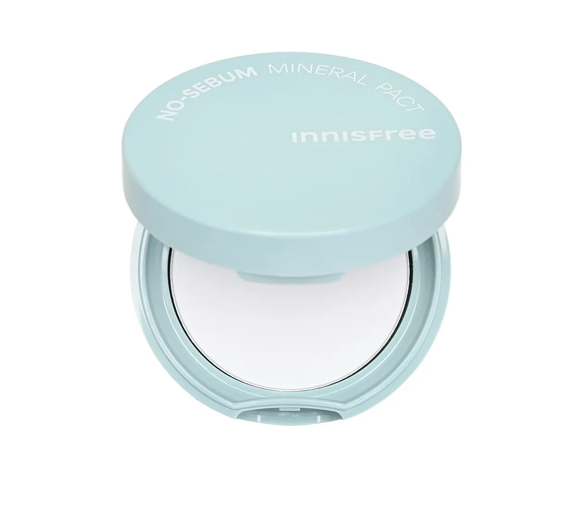 Innisfree No-Sebum Mineral Powder compact in a light pastel blue-green color, shown open against a solid white background.