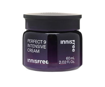 Innisfree Perfect 9 Intensive Cream in a dark purple glass jar with a black lid, on a solid white background.