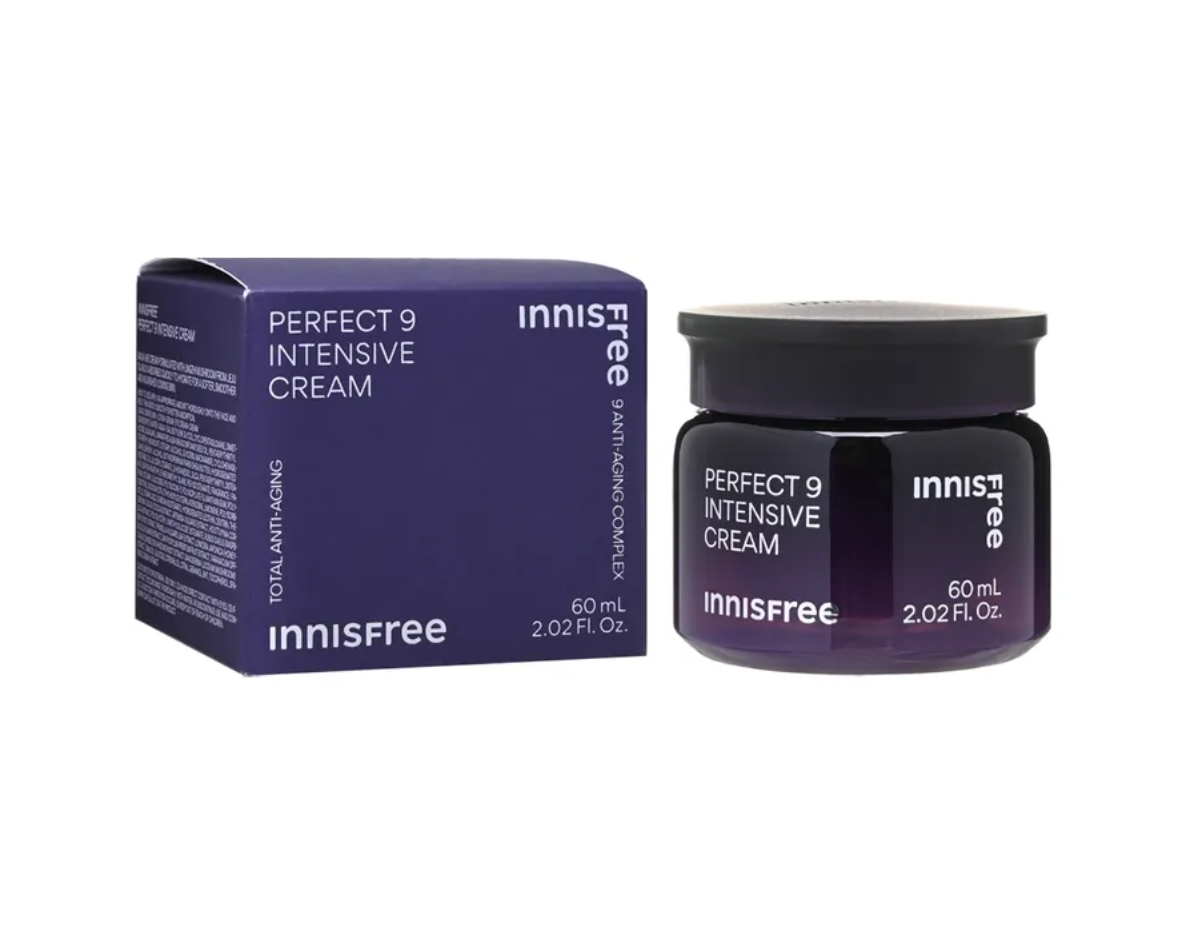 Innisfree Perfect 9 Intensive Cream shown with its dark purple outer box and a matching dark purple jar with a black lid on a plain white background.