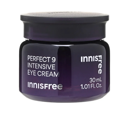 Innisfree Perfect 9 Intensive Eye Cream in a dark purple glass jar with a matching dark lid, on a solid white background.
