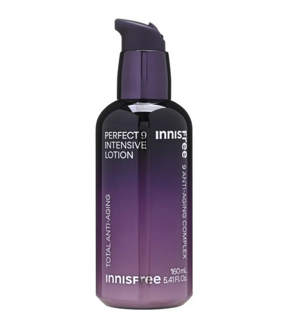 InnisFree Perfect 9 Intensive Lotion in a dark purple gradient bottle with a matching pump dispenser, shown on a plain white background.
