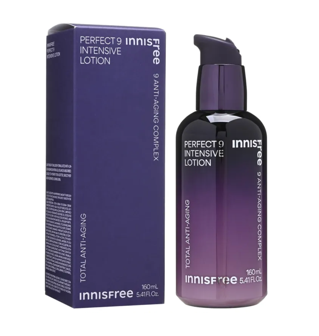 Innisfree Perfect 9 Intensive Lotion 120ml pump bottle next to its purple packaging box, shown on a clean white background.