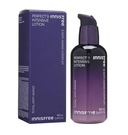 Innisfree Perfect 9 Intensive Lotion 120ml pump bottle next to its purple packaging box, shown on a clean white background.