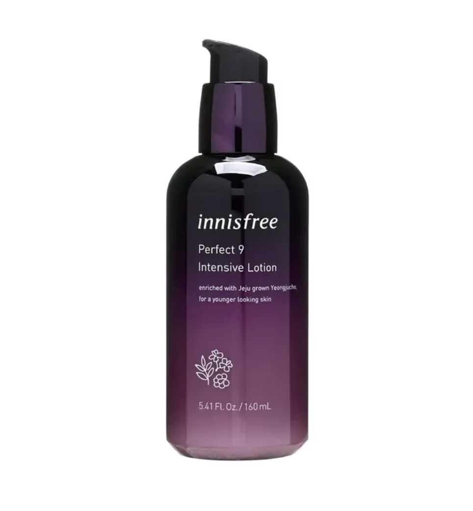 Innisfree Perfect 9 Intensive Lotion in a 160 mL dark purple pump bottle with a black cap, shown on a plain white background.