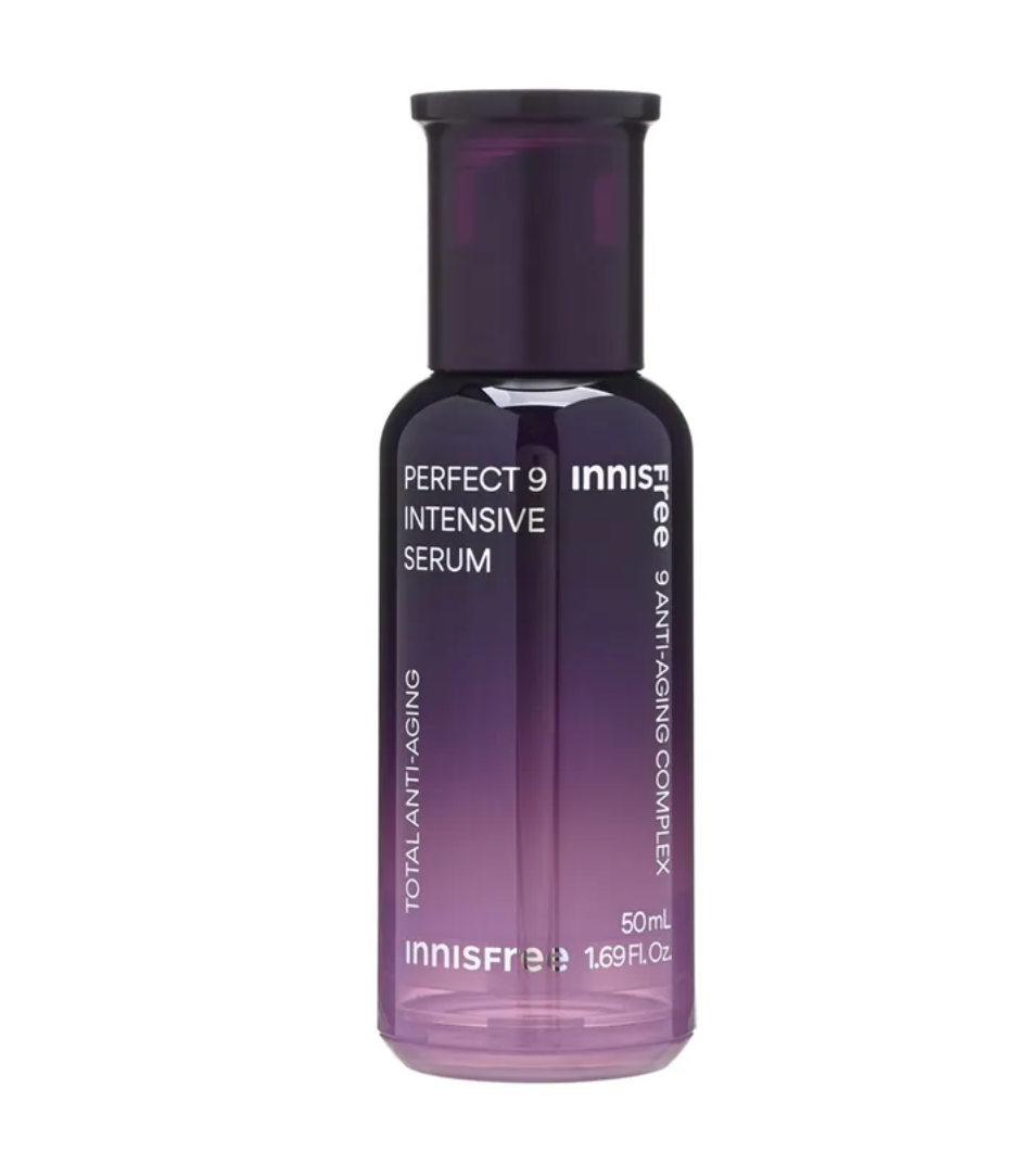 Innisfree Perfect 9 Intensive Serum in a 50mL dark purple gradient bottle with a matching dark cap, shown on a plain white background.