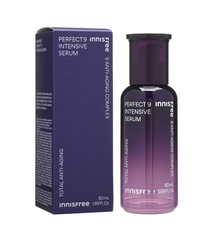 Innisfree Perfect 9 Intensive Serum 50 mL bottle and matching dark purple box on a plain white background.