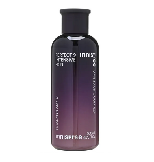 Innisfree Perfect 9 Intensive Skin Total Anti-Aging in a 200mL dark purple gradient bottle with a black cap, on a white background.